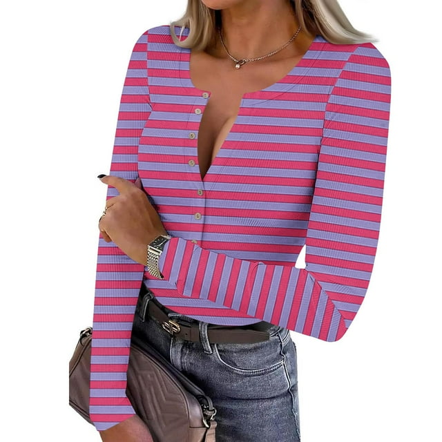 Yourumao Half Button Henley Shirts for Women Striped Ribbed Knit Tops Trendy Long Sleeve Blouses Spring Casual Tshirts