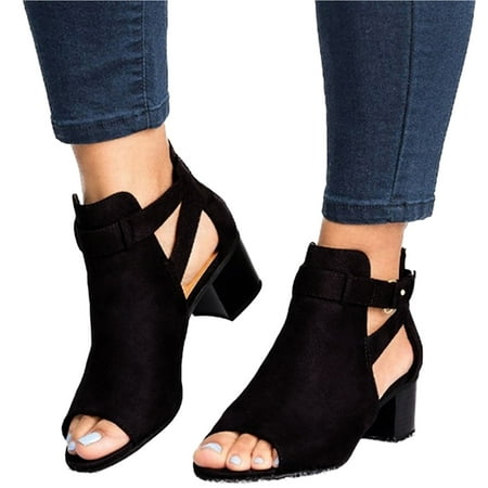 

MIARHB Women Buckle Peep Toe Low Block Heel Booties Boots Sandals Plus Size Black 36