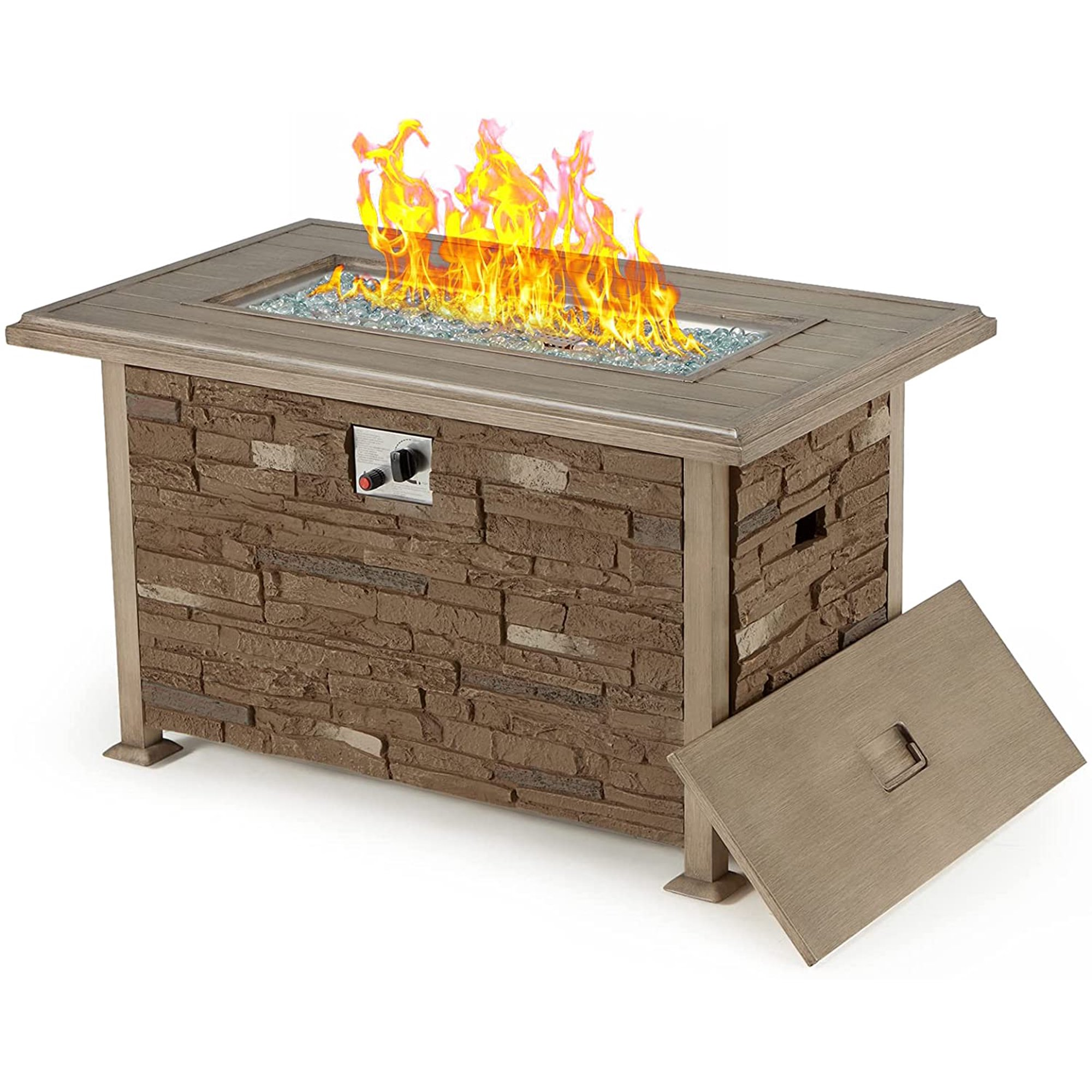 Vicluke 44 inch Aluminum Propane Fire Pit Table with Faux Ledgestone