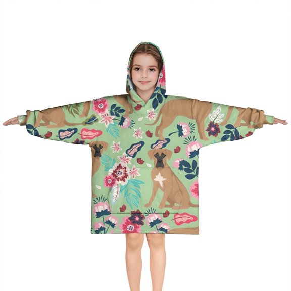 Boxer Dog and Flower Florals Blanket Hoodies for Kids 6-13YR Oversize Wearable Blanket Hoodies for Boys Girls Teens