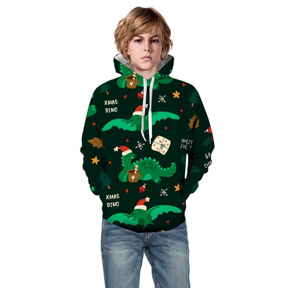 Bysome Toddler Boys Hoodies Sweatshirts Size 3-4 Years Little Girls Unisex 3D Christmas Dinosaur Printed Pullover For Girls With Pocket Long Sleeve Crew Neck Cute Print Boys Tops Army Green