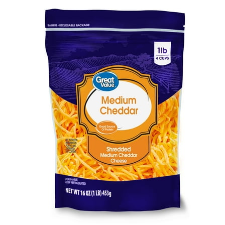 Great Value Medium Cheddar Shredded Cheese, 16 oz Bag