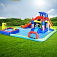 thumbnail image 2 of Inflatable Water Park with Splash Pool, Water Gun, Basketball Hoop, Climbing Wall, Dual Pools, and Soccer Game Inflatable Water Slide, Giant Waterslide Park Bounce House Dual Slides for Garden Use, 2 of 18