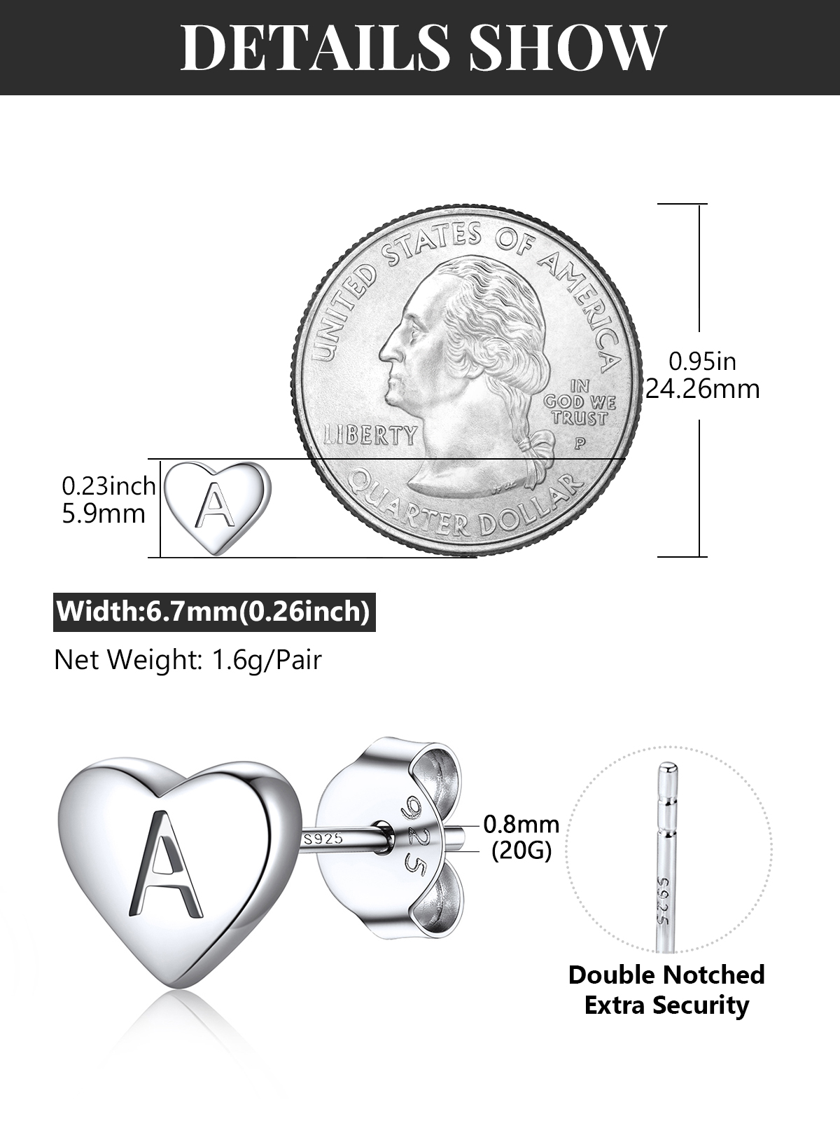 Silvora Initial Heart Stud Earrings Sterling Silver Letter A photo 7