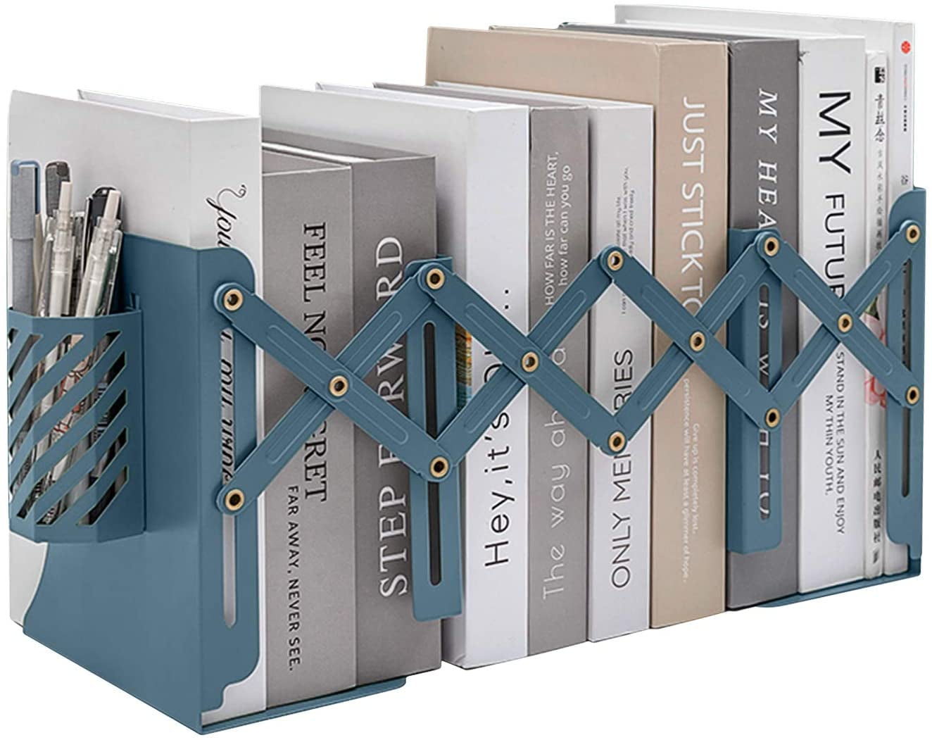 Expandable Metal Bookends Adjustable Book Ends with Detachable Pen