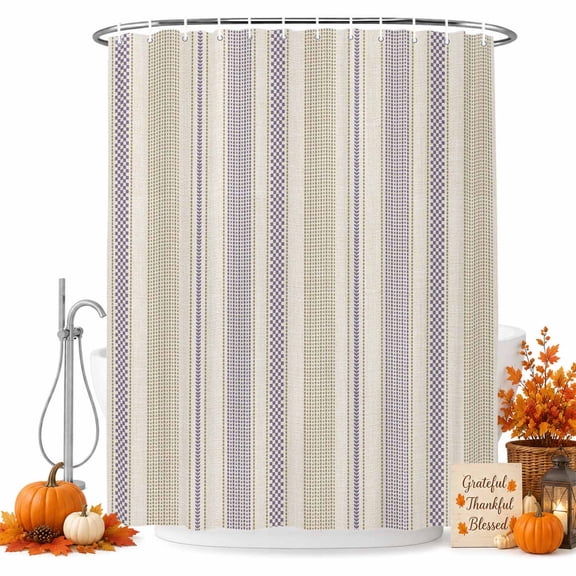 Farmhouse Stripe Shower Curtain Set - Standard 72" x 72" Washable Bathtub Curtain with 12 Hooks, Boho Country Vintage Purple Striped Waterproof Fabric Stall Shower Curtains for Bathroom Décor