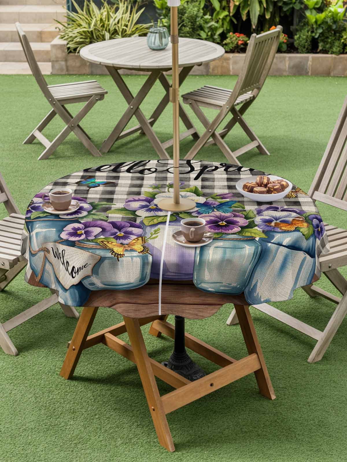 Hello Spring Outdoor Tablecloth - 54 Inch Round Dining Table Cover, Pastoral Purple Bottle Floral Black White Plaid Waterproof Outdoor Table Cloth with Umbrella Hole & Zipper for Picnic/Patio/Party