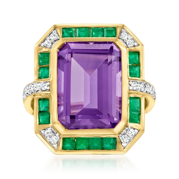 Ross-Simons 7.00 Carat Amethyst, .80 ct. t.w. Emerald and .20 ct. t.w. Diamond Ring in 14kt Yellow Gold, Women's, Adult
