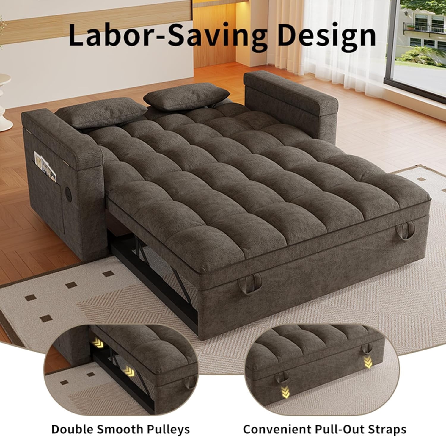 3 in 1 Convertible Sleeper Sofa,Sleeper Couch with Pull Out Bed, Storage Armrests and Laptop Table for Living Room,Sleeper Sofa, Pullout Couch Bed