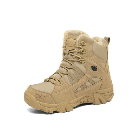 

Ferndule Men Combat Boots Lace Up Outdoor Boot Plush Lining Hiking Shoes Non-slip Warm Winter Shoe Sports Booties Zipper Comfortable Khaki 10