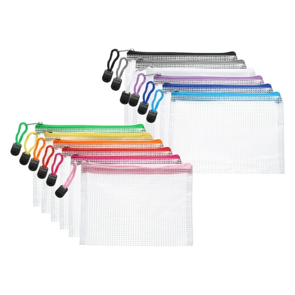 Uxcell 12pcs Mesh Zipper Pouch Bags A6 7" x 4.7" Plastic Waterproof Mesh File Bag Clear Document Zipper Pouches for Classroom Home Travel Office Supplies Organization, 12 Colors