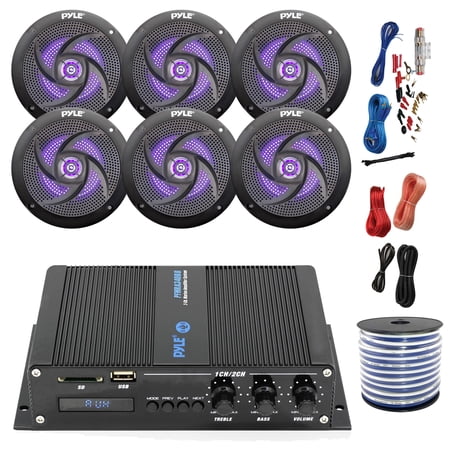 Pyle Marine PFMRA640BB 6-Channel Bluetooth Black Amplifier, 6x Pyle 4" 2-Way Waterproof Weather Resistant Black LED Speakers (Pair), Amp Install Kit, 18-G 50 Ft Speaker Wire