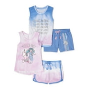 Wonder Nation Girls Graphic Tank Tops and Shorts, 4-Piece Outfit Set, Sizes 4-18 & Plus
