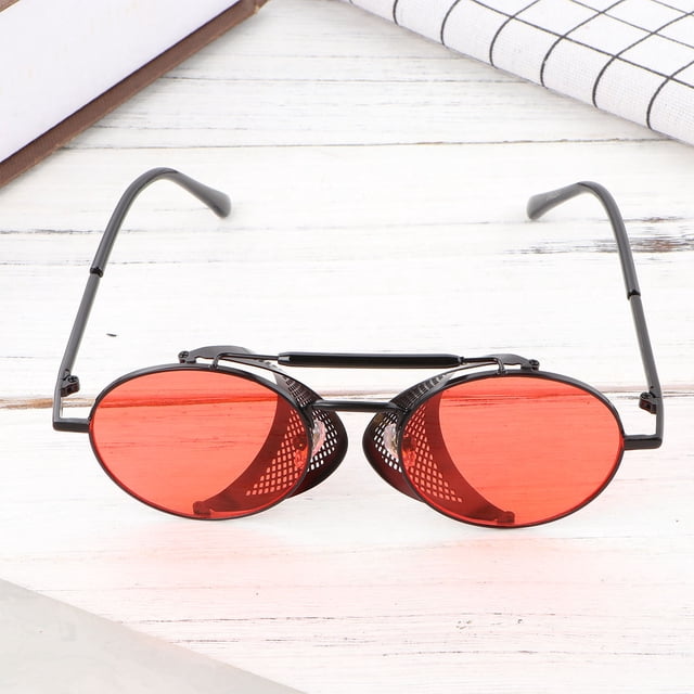 COOPHYA Lunettes de Soleil Unisexes pour Cyclisme Sports Extérieur 1Ensemble PC Protection UV Forme Carrée Ronde Cadre Noir Lentille Rouge
