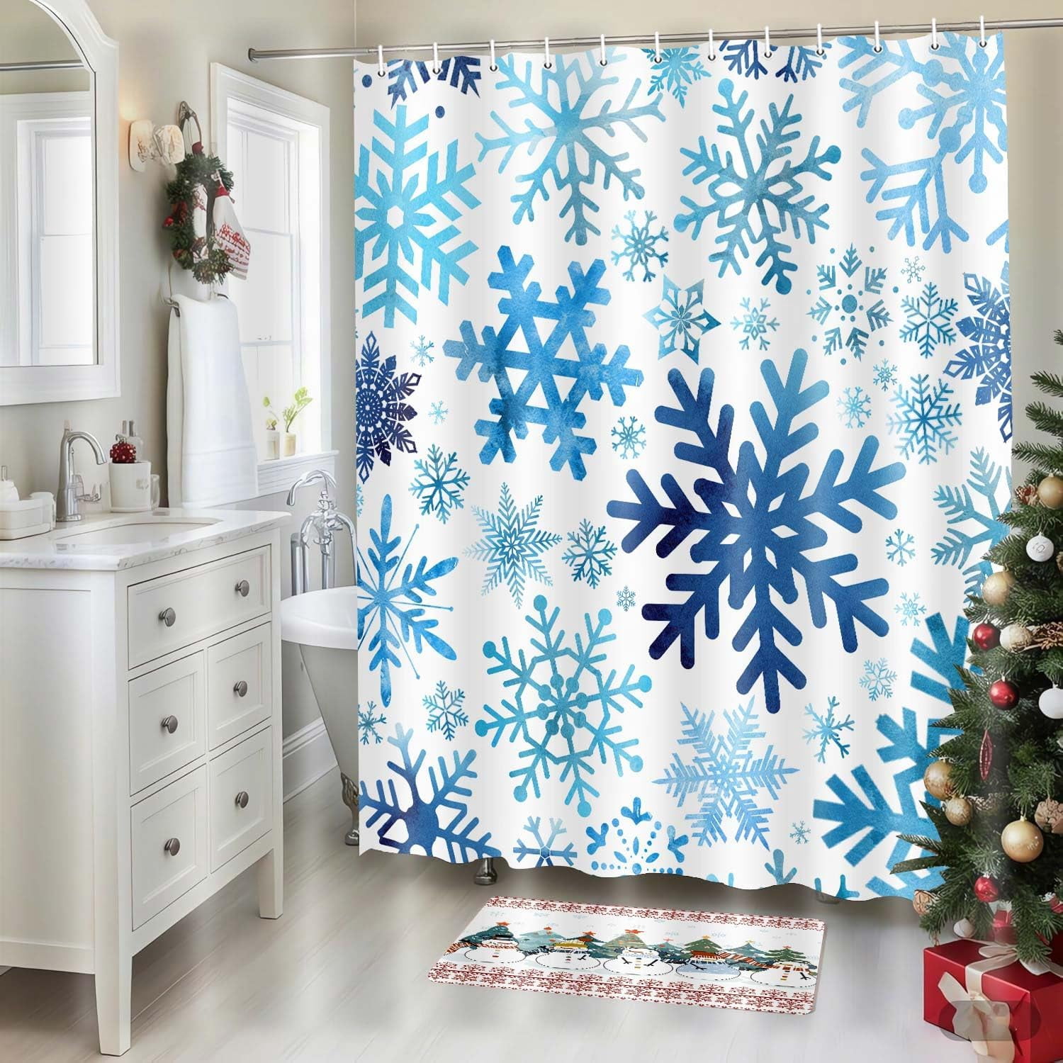 Christmas Shower Curtain Blue Snowflake Holiday Shower Curtain for Bathroom Decor, Fun Cute Festive Winter Bathroom Accessories 70X70IN Blue