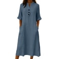 thumbnail image 2 of ClodeEU Women's Stand Collar Half Button Short Sleeve Linen Midi Dress,Casual Loose Fit Dress with Pockets Navy,Women's Plus XL, 2 of 6