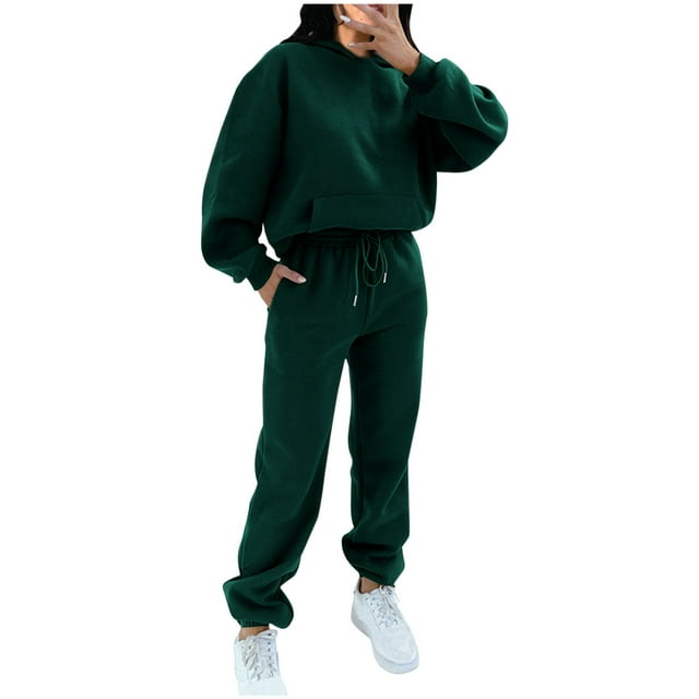 Mrat Ensemble de Survêtement de Voyage 2 Pcs Mode Femme Poche Col Rond Décontracté Chandail à Manches Longues et Pantalon Ensemble Survêtement de Voyage S-141 Vert TG