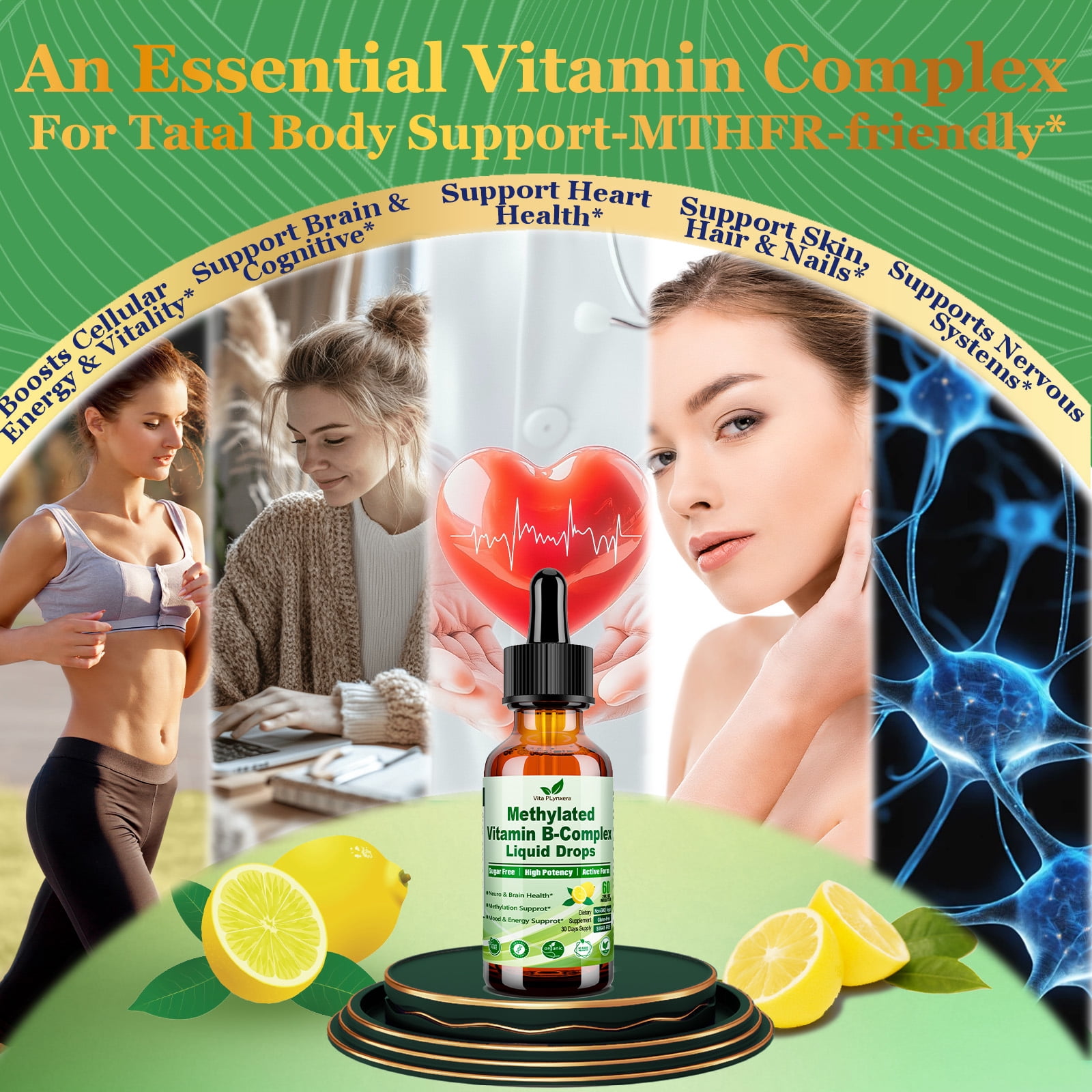 2Pack Methylated B Complex Liquid Drop Complete 9-in-1 Methyl B Vitamins w. B12 Methylfolate Inositol Choline TMG Vitamin C E, Super B-Complex Methylated for MTHFR Support, Energy Mood Nerve & Brain