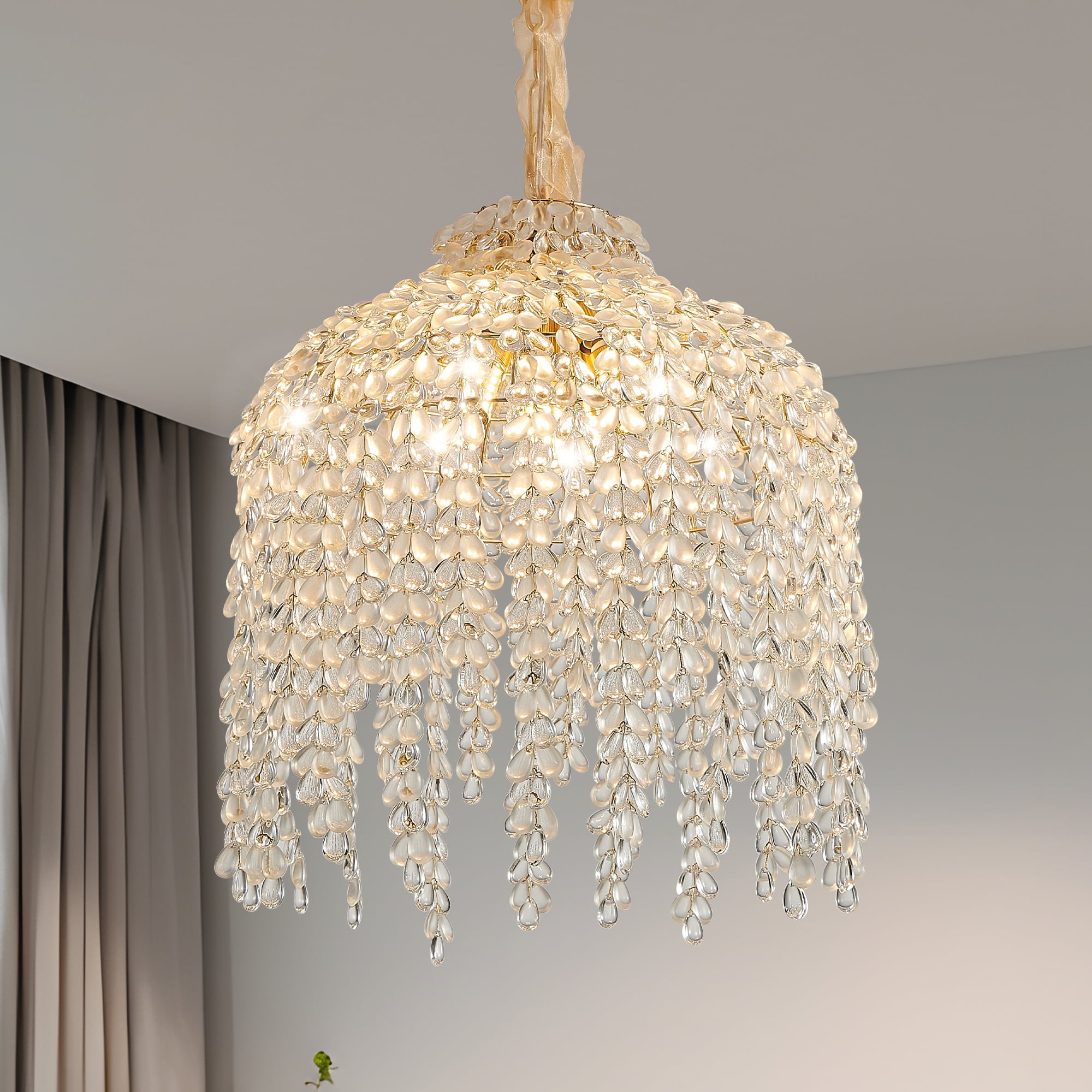 15.7 Inch Crystal Chandelier, Adjustable Height Pendant Light with Grape-Shaped Crystal Bead Strings, Modern Ceiling Hanging Lamp Fixture for Living Room, Bedroom, Dining Room