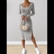 thumbnail image 4 of Vestido de Otoño para Mujer, Larga, Cuello Cuadrado, Tejido, Midi, para Playa, Resort, con Abertura, Maxivestido Ajustado. Gris L, 4 of 8