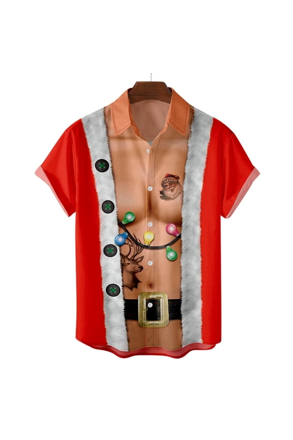Christmas Ugly Shirt for Men Lapel Button Down Short Sleeve Hawaiian Shirts Xmas Printed Casual Holiday Beach Shirts Tops Wine XXL