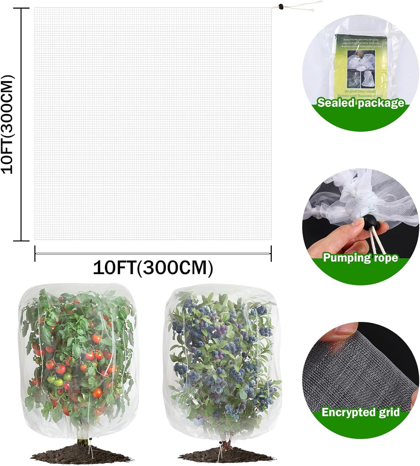 2 PCS Large Fruits Tree Netting Cover for Garden 10 x 10 ft Garden Insect Bird Barrier Plant Netting for Tomato Blueberry Bush Netting Covers Deer Cicada Netting Cover Bag with Drawstring