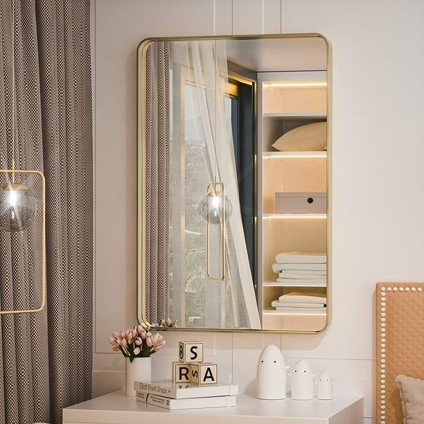 TETOTE Brushed Gold Bathroom Mirror, 24x36 Inch Metal Framed Mirror