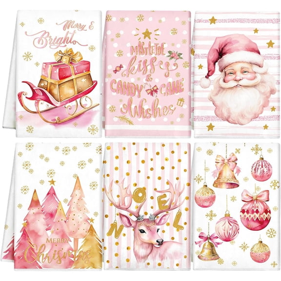 Pink White Gold Christmas Santa Elk Sleigh Noel Kitchen Towel Set of 6, 16 x 24 inches, Holiday Gift