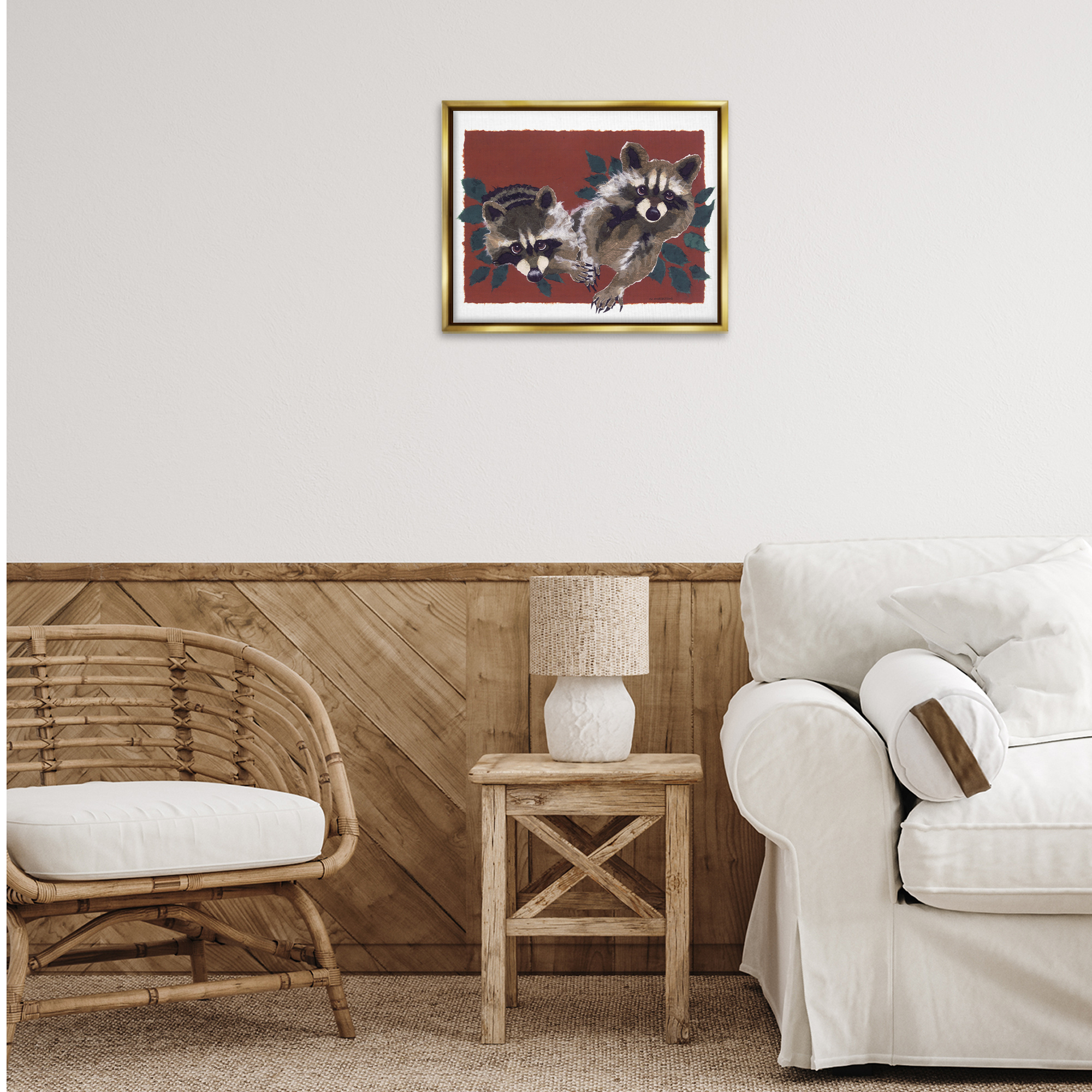 Stupell Industries Two Raccoons & Leaves Animals & Insects Painting Gold Floater Framed Canvas Art Print Wall Art, 21 x 17