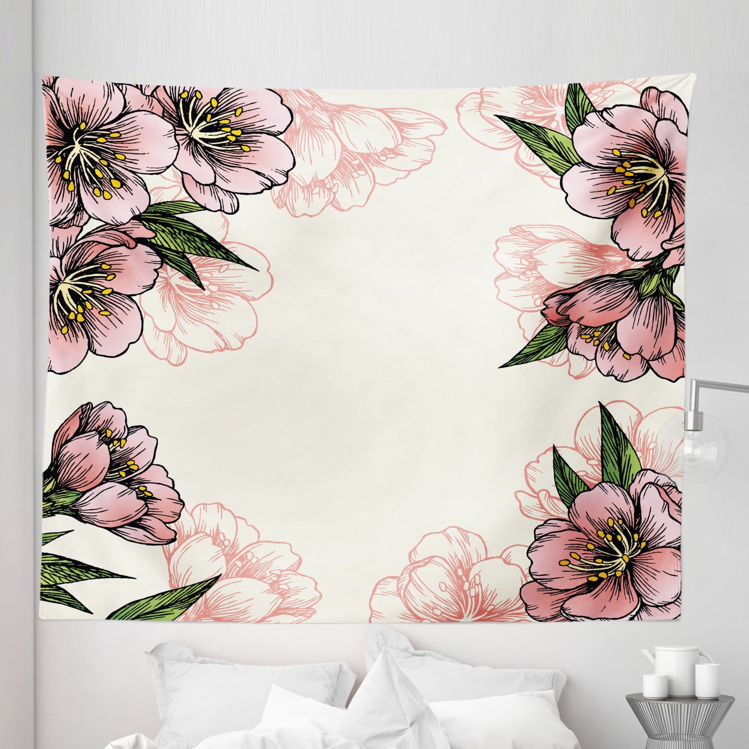 Peach Tapestry, Hand Drawn Botanical Pattern Spring and Summer Flowers ...
