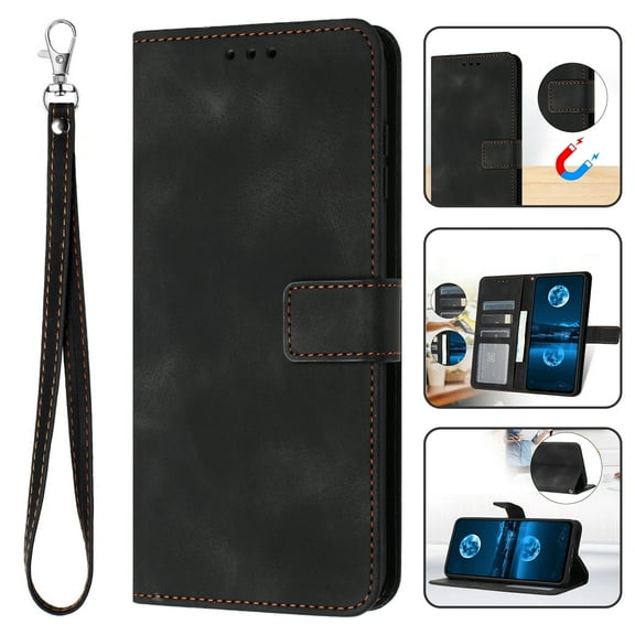 for Samsung Galaxy S22 Plus Wallet Case with Wrist Strap, PU Leather Purse Shockproof Full Protective Phone Cover with Card Slots Magnetic Clasp Flip Stand Case for Galaxy S22 Plus, Black