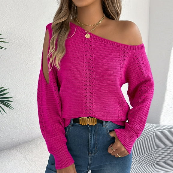 EchfiProm Lightweight Off Shoulder Sweater Women Pullover Pink V Neck Knit Trendy Solid Long Sleeve Sweater Top