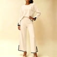 thumbnail image 4 of Two Piece Sets for Women Fall Outfits Lounge Set Casual Long Sleeve Round Neck Top Loose High Waist Wide Leg Pants 2 Piece Tracksuit, 4 of 5
