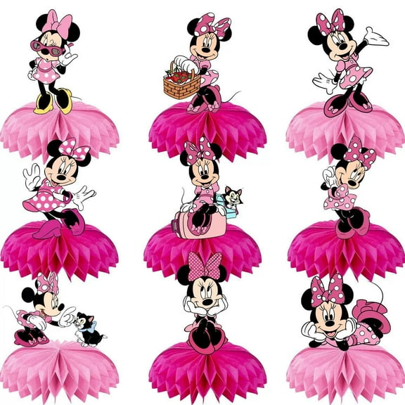 9 Pcs Minnie Themed Party Decorations, Minnie Honeycomb Centerpieces 3D Double Sided Table Cake Toppers Decorations Birthday Party Supplies for Kids