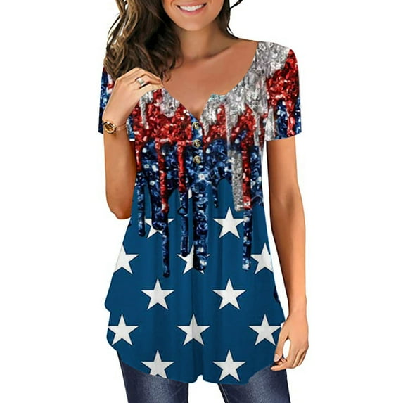 Lilgiuy Women's Independence Day Blouse Patriotic V-neck Button-down Meat Covered Short Sleeve Tops