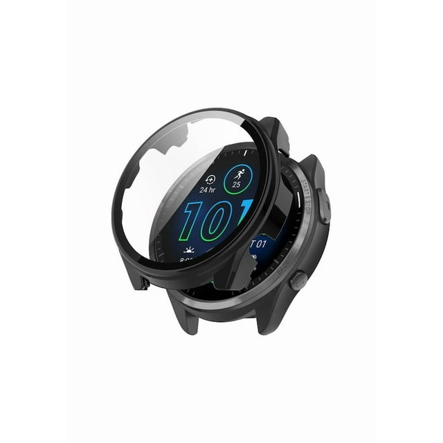 Tempered Glass Screen Protector & PC Hard Shell Combo Case for Garmin Forerunner 965 - All-in-One Shockproof Cover with Precise Fit, Anti-Scratch Protection for F965 Smartwatch - Black