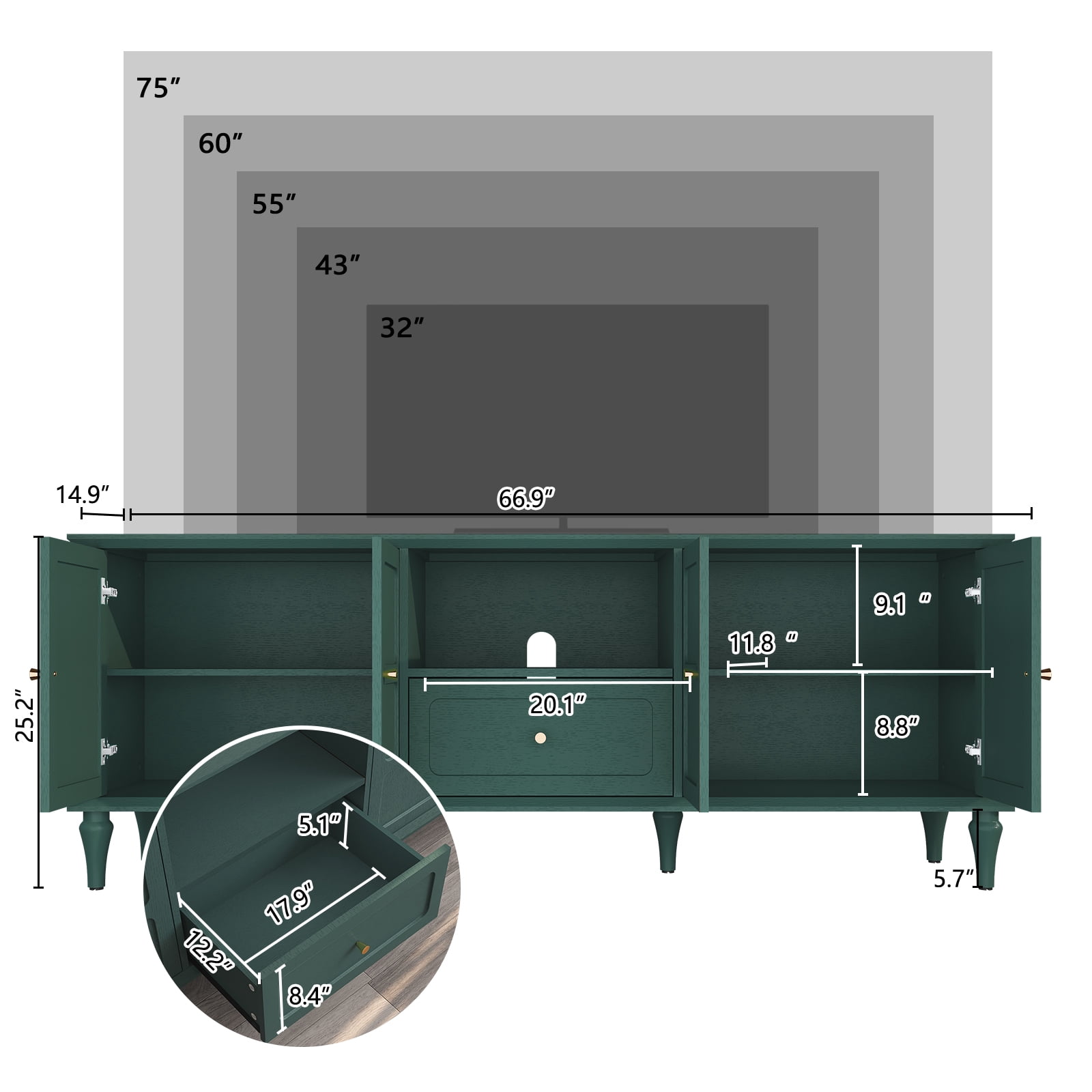 67" Mid-Century TV Stand for TVs up to 75 " , Retro Entertainment Center with Storage Cabinets and Drawers, Green