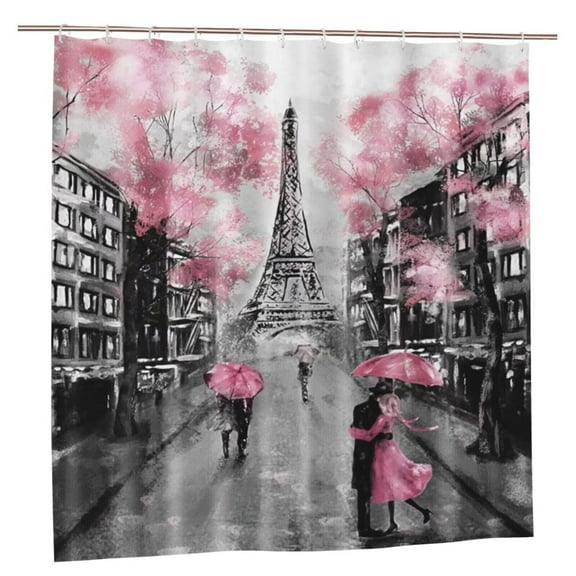 JOOCAR Paris Eiffel Tower Pink Valentine Polyester Bathroom Shower Curtain with 12 Hooks, 72×72 in