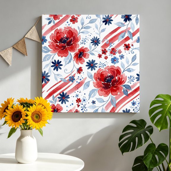 Independence Day Canvas Wall Art for Living Room, Vintage Watercolor Red Blue Floral Poster Print Painting for Bedroom Dining Room Balcony Decoration Wall Pictures Prepare To Hang 10"x10"