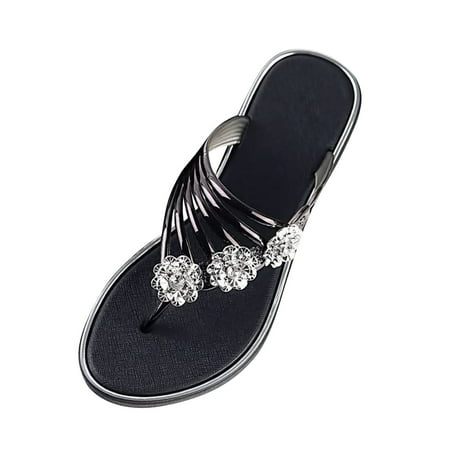 CHOII Clearance Women Slippers Girls Flat Bohemian Style Casual Sandals Slippers Open Toe Beach Shoes with 3 Artificial Diamond Flowers Flip Flops for Women Black/5.5
