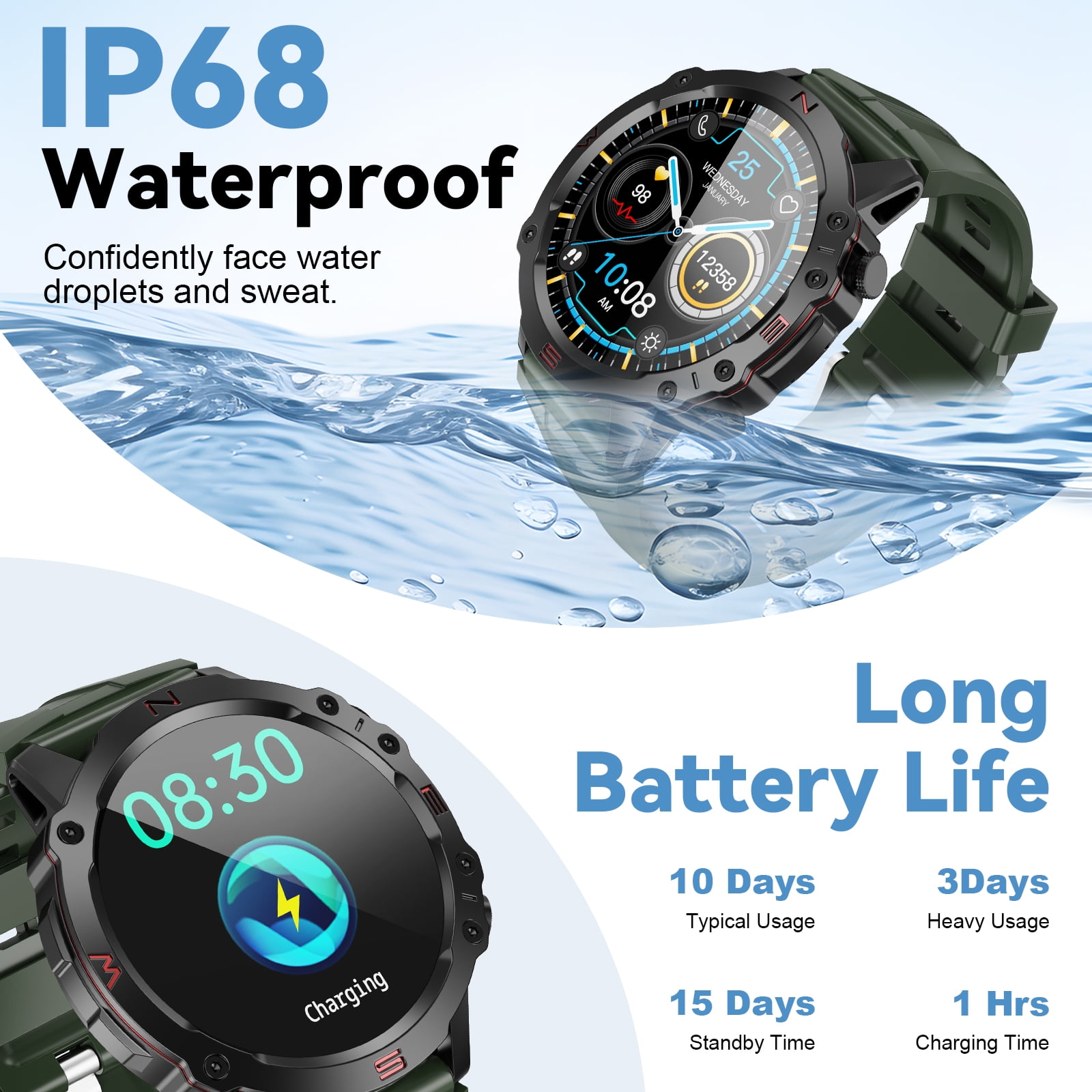 TOPVISION Smart Watch for Men Women, Fitness Tracker with 100+ Sport Modes for Android & iOS, Green