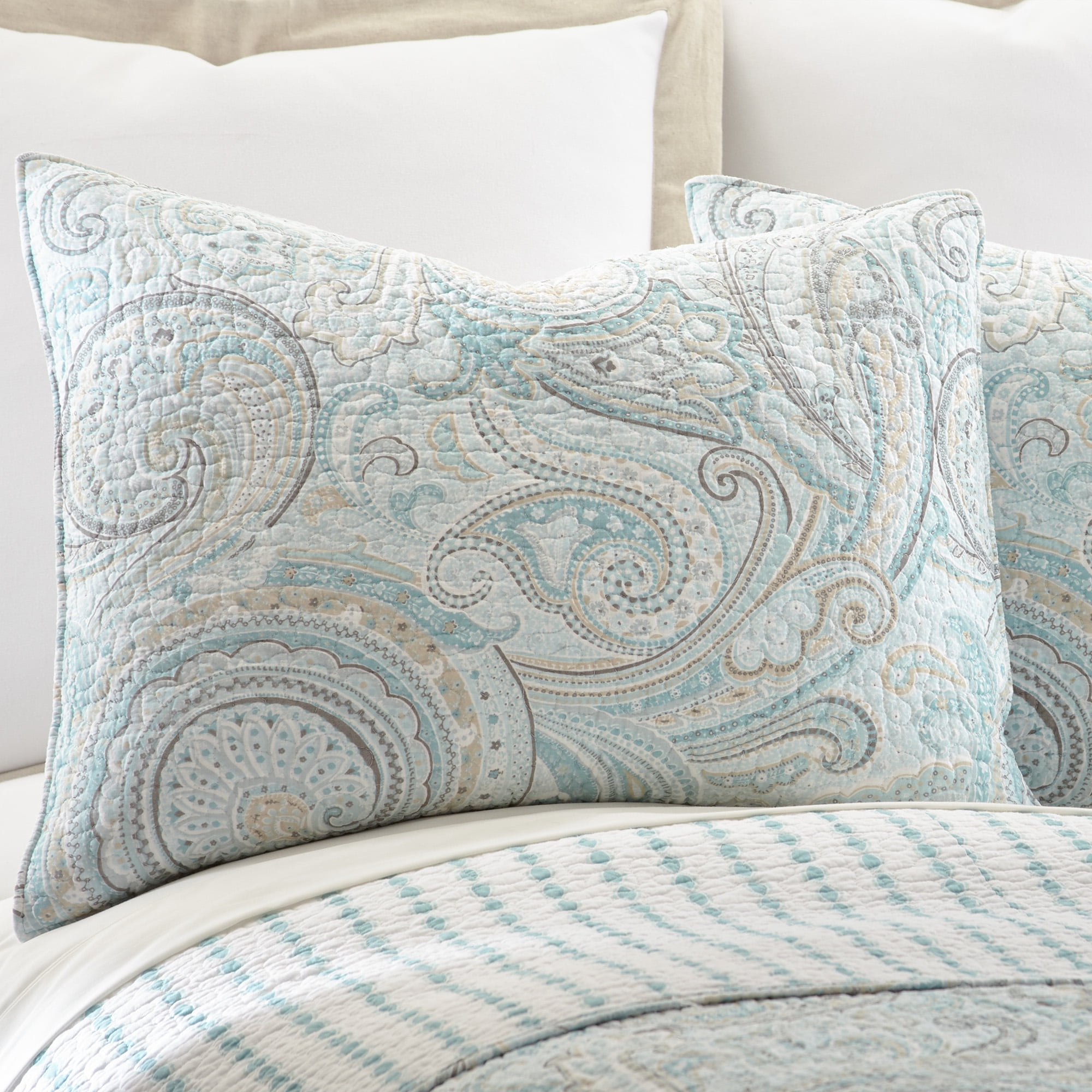Levtex Home - Spruce Spa Quilt Set - Full/Queen Quilt + Two Standard Pillow Shams - Paisley Pattern in Soft Spa and Tan Hues - Quilt Size (88 x 92") and Pillow Sham Size (26 x 20”)