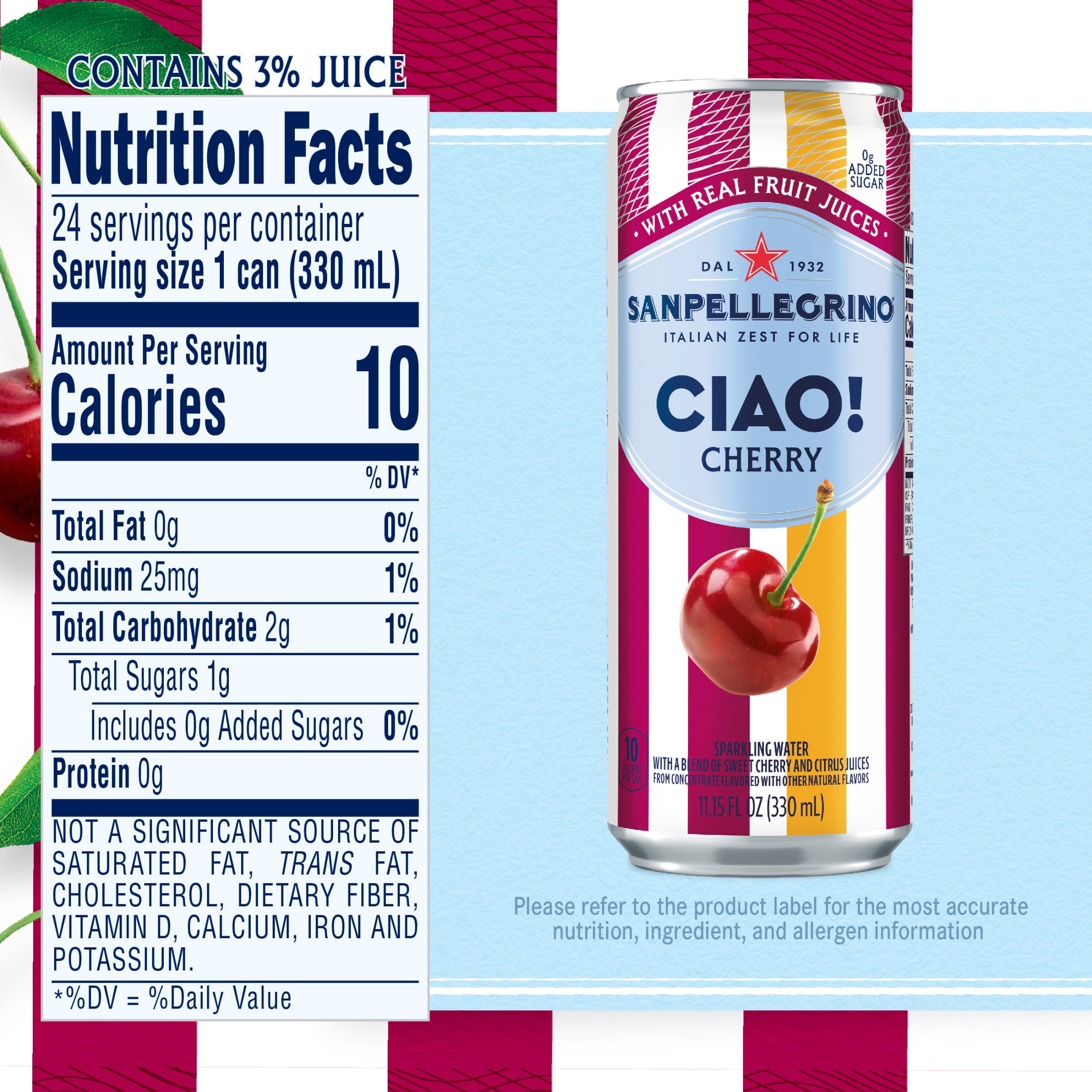 Sanpellegrino CIAO Cherry Sparkling Flavored Water with Real Fruit Juices, 24-Pack