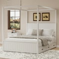 thumbnail image 2 of Euroco Wood Queen Size Canopy Bed with Four Polster, Platform Bed Frame with Trundle and Drawers, White, 2 of 7