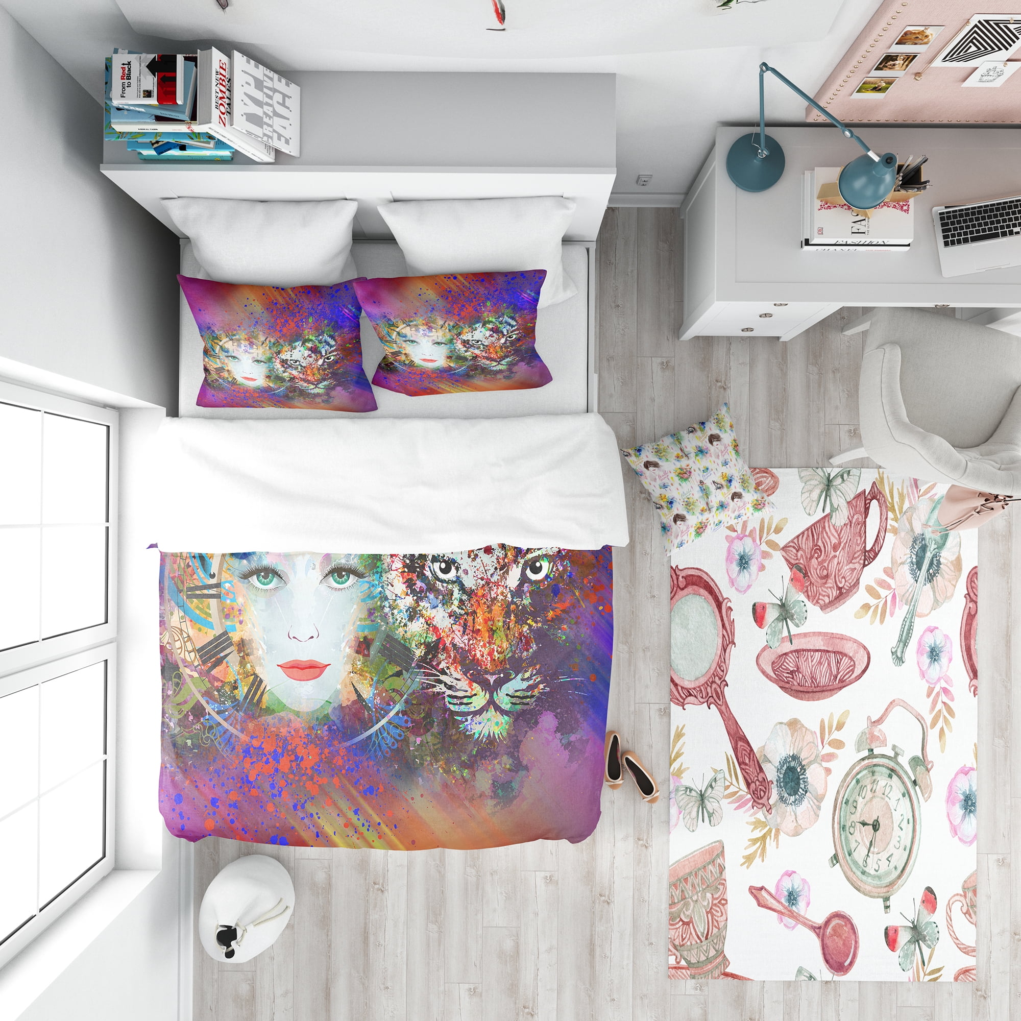 Designart 'Colorful Tiger and Woman Face' Modern Teen Duvet Cover Set