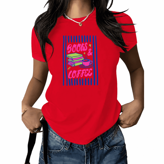UNISHE Women s Books And Coffee Book Lover Cafe Graphic Short Sleeve T Shirt Cotton Crewneck Casual Summer