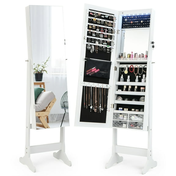 Costway Jewelry Cabinet Armoire Full Length Frameless Mirror Lockable W/ Lights White