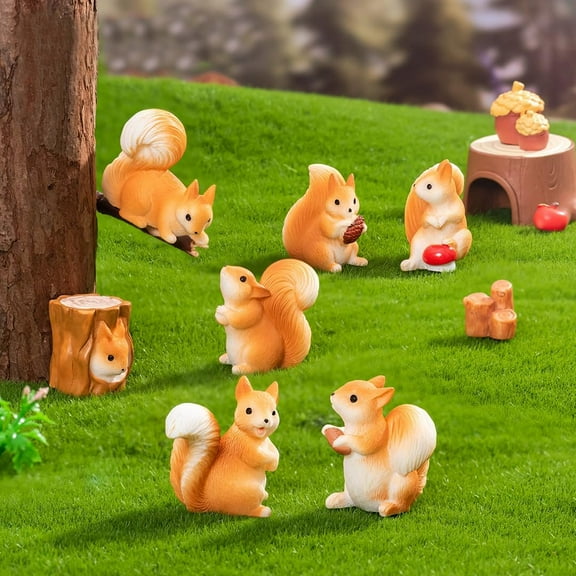 7Pcs Realistic Miniature Squirrel Figurines 1.2inch Mini Forest Animal Figures Resin Cake Toppers Set for DIY Micro Moss Landscape Diorama Fairy Garden Craft