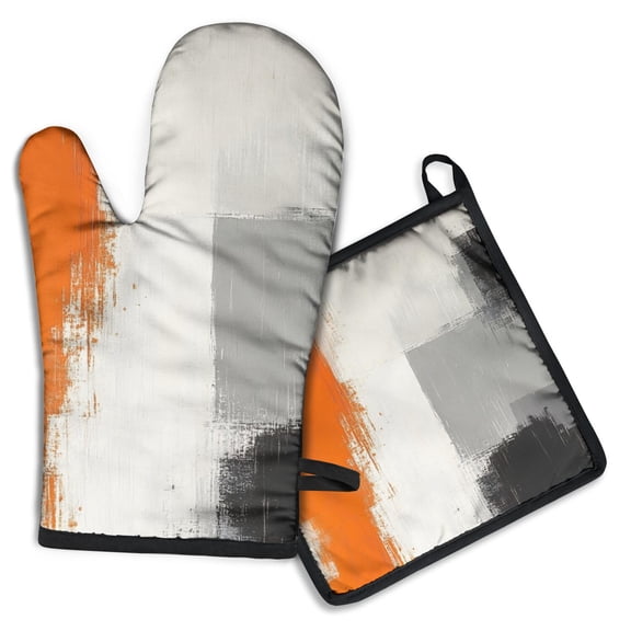Orange and Grey Abstract Art Artwork Kitchen Oven Mitt and Pot Holder Sets 2 Pcs for Baking, Cooking and Grilling, Heat Resistant Up To 392 °F