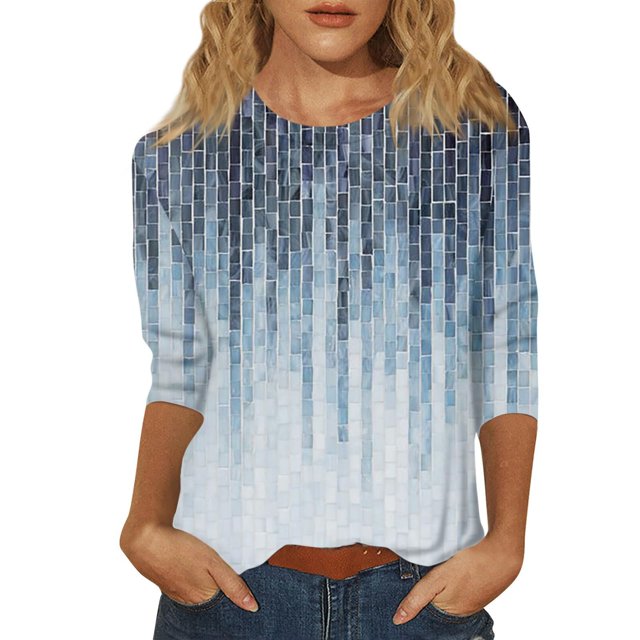 T-Shirt à Manches Courtes pour Femmes Liquidation T-Shirt en Chiffon pour Femmes Mode Décontractée Imprimé Floral à Rayures Manches Trois Quarts